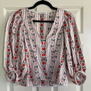 Sandro Embroidered White & orange V-Neck Blouse